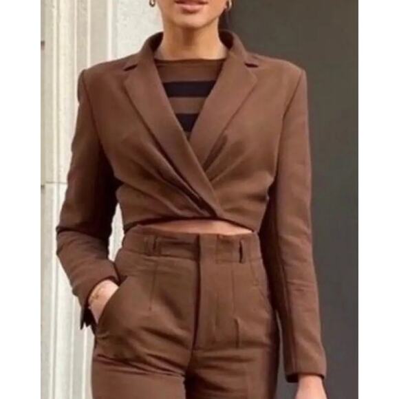 Zara Brown Cropped Shoulder Pad Blazer Casual Wardrobe Brown Women's S New - Picture 1 of 16